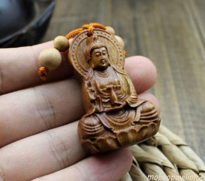 New Wood Carving Guan Kwan Yin Buddha Statue Pendant Key Chain