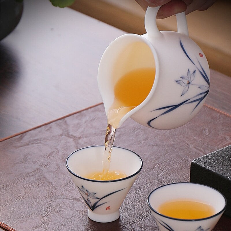 Boutique Fat Mutton Jade Porcelain Tea Set Hand Drawing Orchid Tea Pot Pitcher