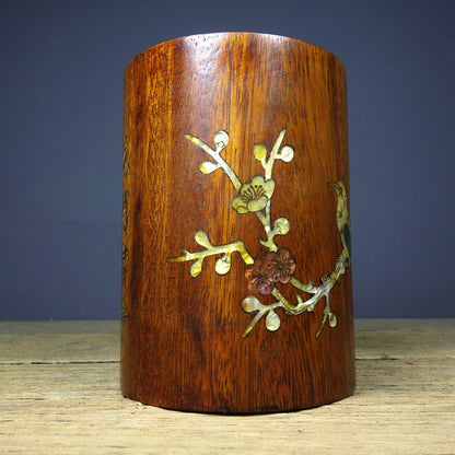 Vintage Rosewood Brush Pot, Inlaid Abalone Magpie Plum, 15cm