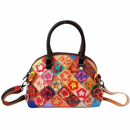 Real Leather Flower Shell Bag Handmade Patchwork Genuine Leather Messenger Shell