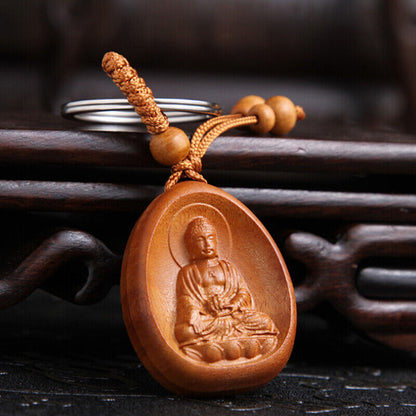 Lucky Jewelry Wood Carving Buckle Buddha Pendant Keychain Car Bag Keyrinzo