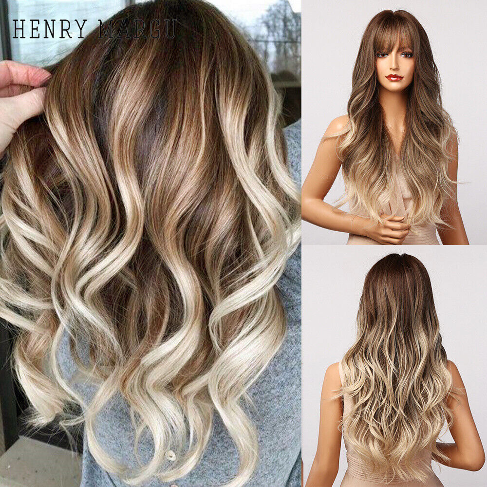 Long Wavy Wigs with Bangs Cosplay Party Synthetic Hair Wigs for Black Women