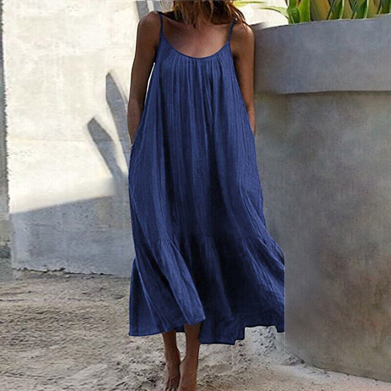 Womens Summer Sleeveless Loose Dress Beach Slip Sundress Swing Baggy Solid Color