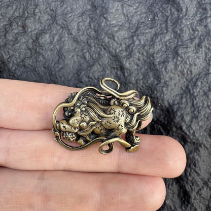 Vintage Tibetan Brass Snow Lion Pendant Antique Collectible Charm