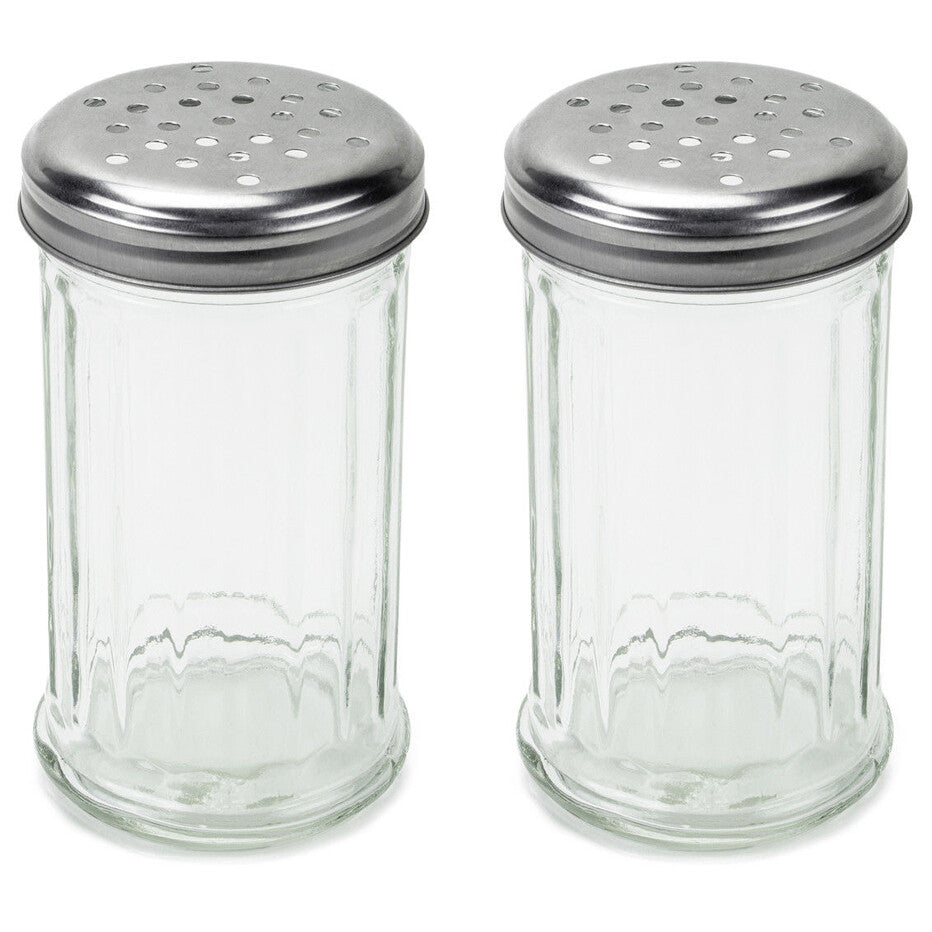 2 Pack 12 Oz. Cheese Shaker Seasoning Dispenser, Glass, Perforated Steel Lid