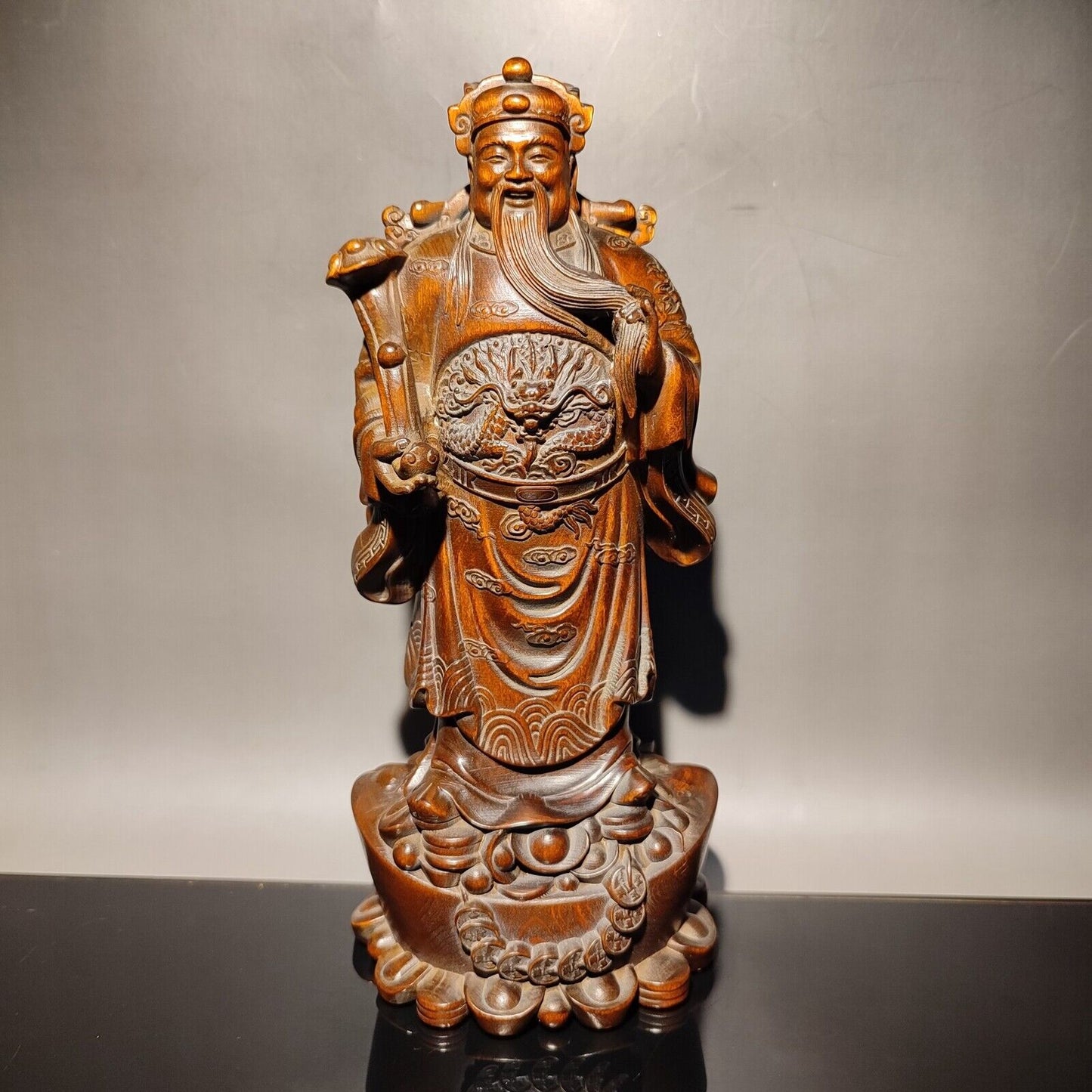 7" Boxwood Wooden Statue modern home decor sculpture God of wealth buddha Mammon