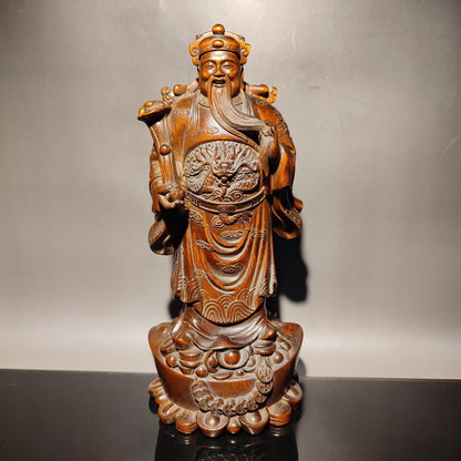 7" Boxwood Wooden Statue modern home decor sculpture God of wealth buddha Mammon