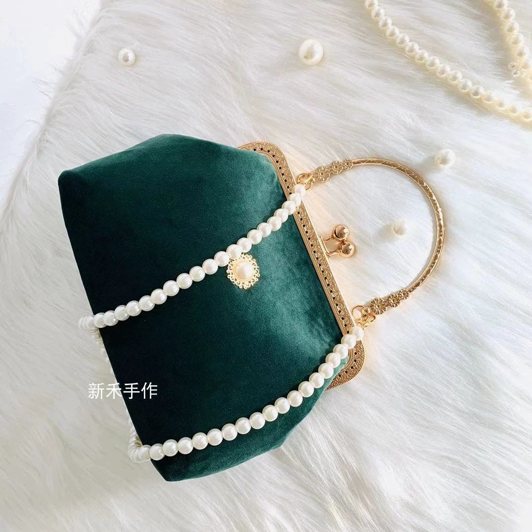 Beads Chain Bag 2 Straps Vintage Metal Shell Purse Velvet Shoulder Bag 20*14*6CM