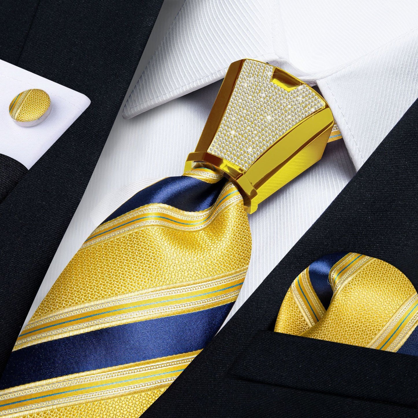 Men Necktie 3Pcs Luxury Striped Ties Cufflinks Pocket Square Wedding Accessories