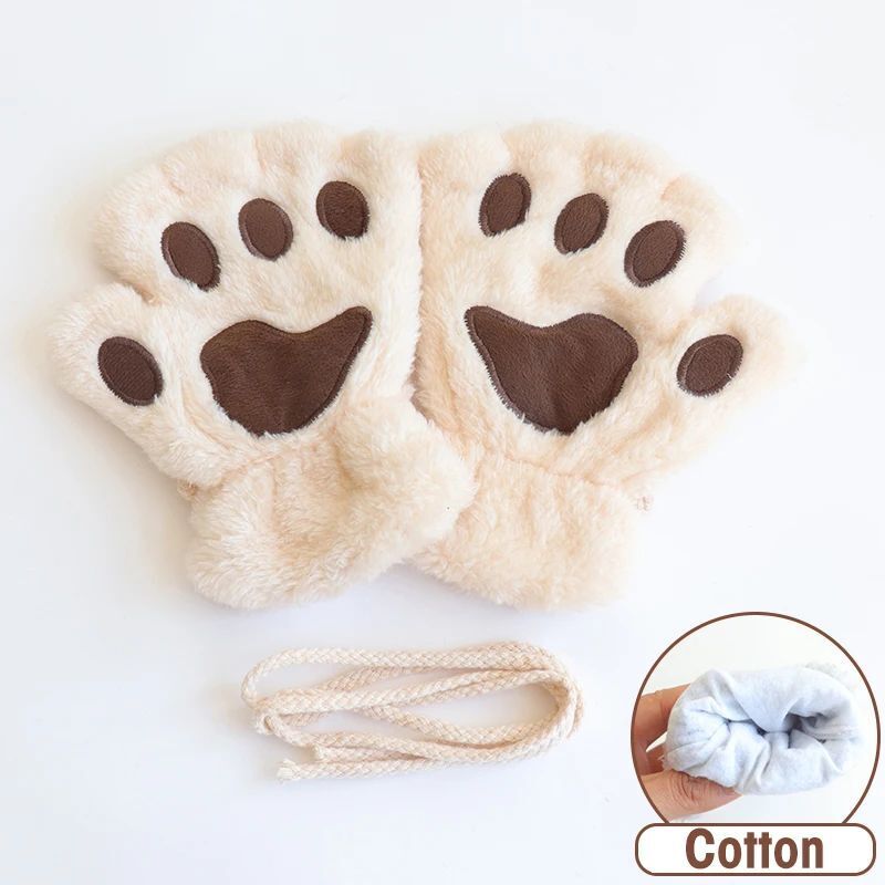 Women Fingerless Gloves Plush Fluffy Cat Paw Claw Panda Mittens Warm Winter Wear