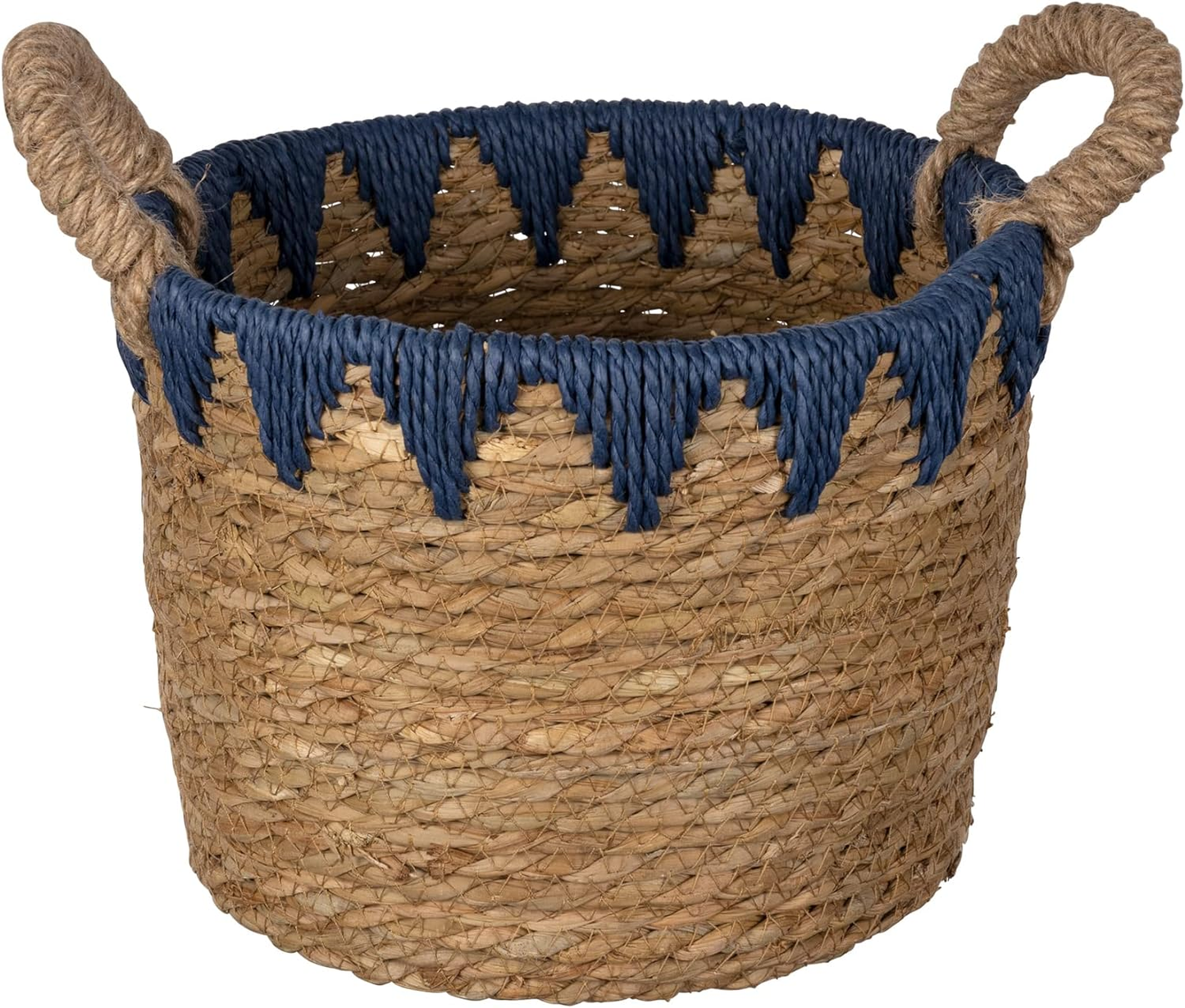 Woven Wicker Basket for Storing Essentials Rustic Decorative with Blue Deails