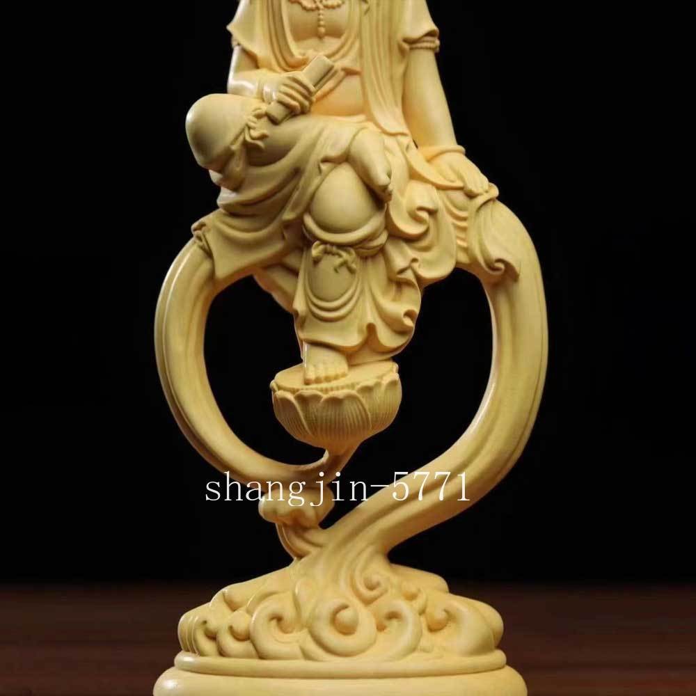 6.7" Guan Yin Altar Shrine Deco Boxwood Wood Carved Avalokitesvara Buddha Statue