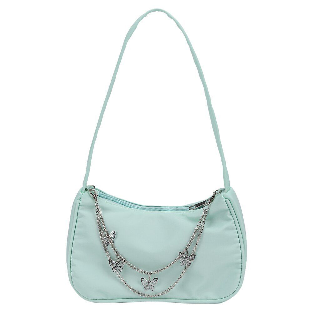 Women Small Shoulder Underarm Bag Leather Nylon Vintage Chain Zipper Handbags