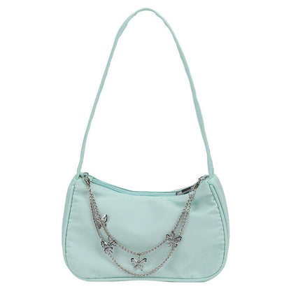 Women Small Shoulder Underarm Bag Leather Nylon Vintage Chain Zipper Handbags