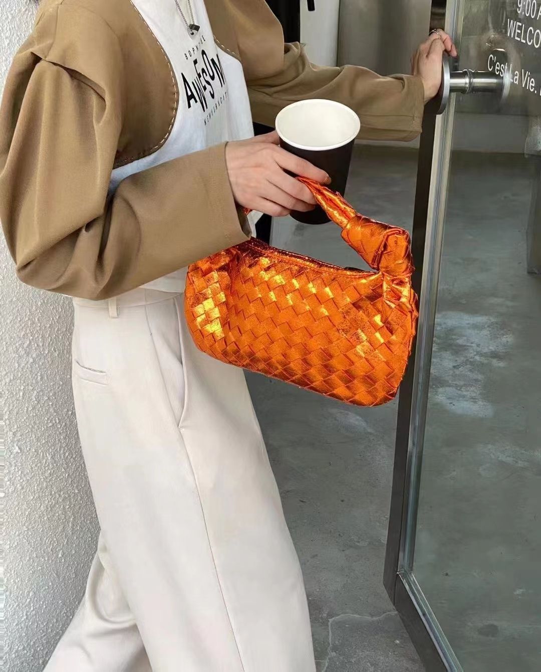 Synthetic Leather Purse Ladies Luxury Handbags Fashion Bag Knitted Handbag Blue