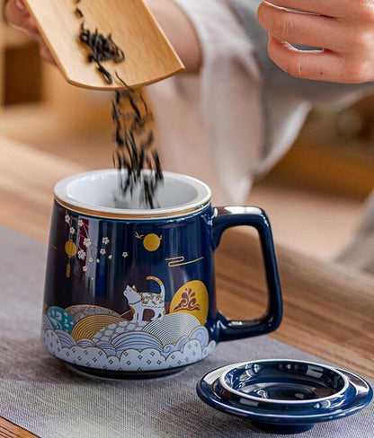 400ml Chinese Lucky Cat Office Tea Cup Ceramic Filter Tea Separation Mug Tea Set