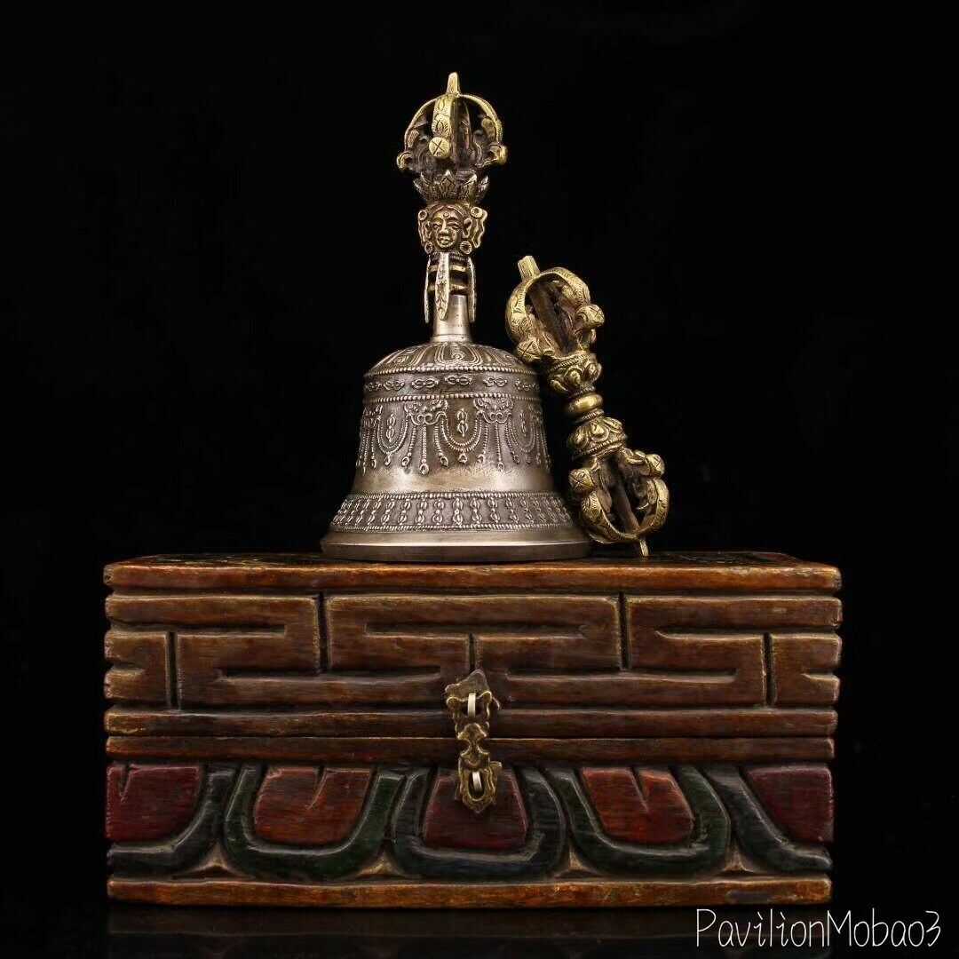 Chinese Temple Collection Old Copper Handmade Build Bell Vajra + Box
