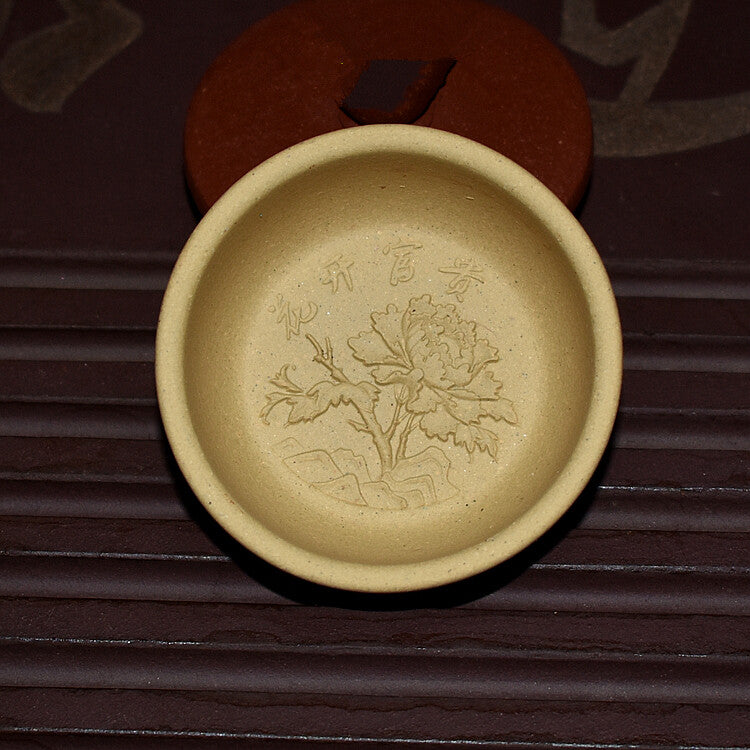 One Cup Peony Flower Carved Relief Tea Cup Marked Chinese Yixing Zisha Tea Cup