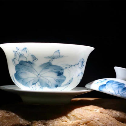 160ml Premium Porcelain Gaiwan Blue and White Kungfu Tea Bowl Chinese Teaware
