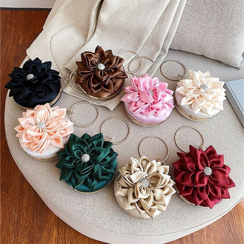 Red Flower Clutch Purse Women Round Bag Handbag Chain Shoulder Bags 15*15*5 CM