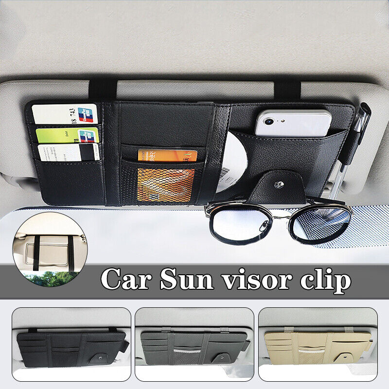 Car Sun Visor Storage Bag PU Leather Auto Glasses Ticket Folder Phone Organizer