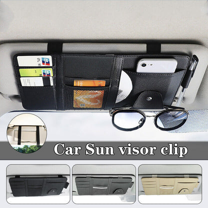Car Sun Visor Storage Bag PU Leather Auto Glasses Ticket Folder Phone Organizer