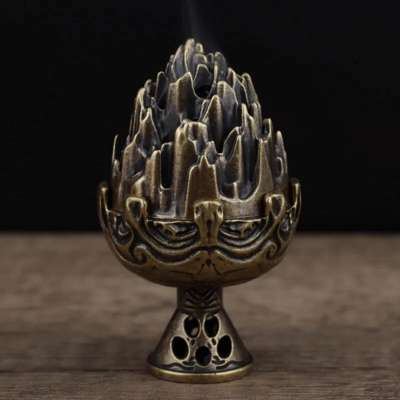 Buddhist Sense Brass Alloy Cone Incense Burner Bronze Censer Tea Ceremony Antiqu