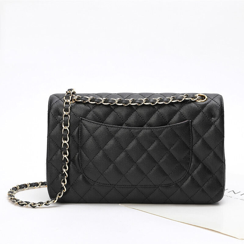 Quilted Real Leather Caviar Effect Double Flap Shoulder bag Handbag Purse Chains