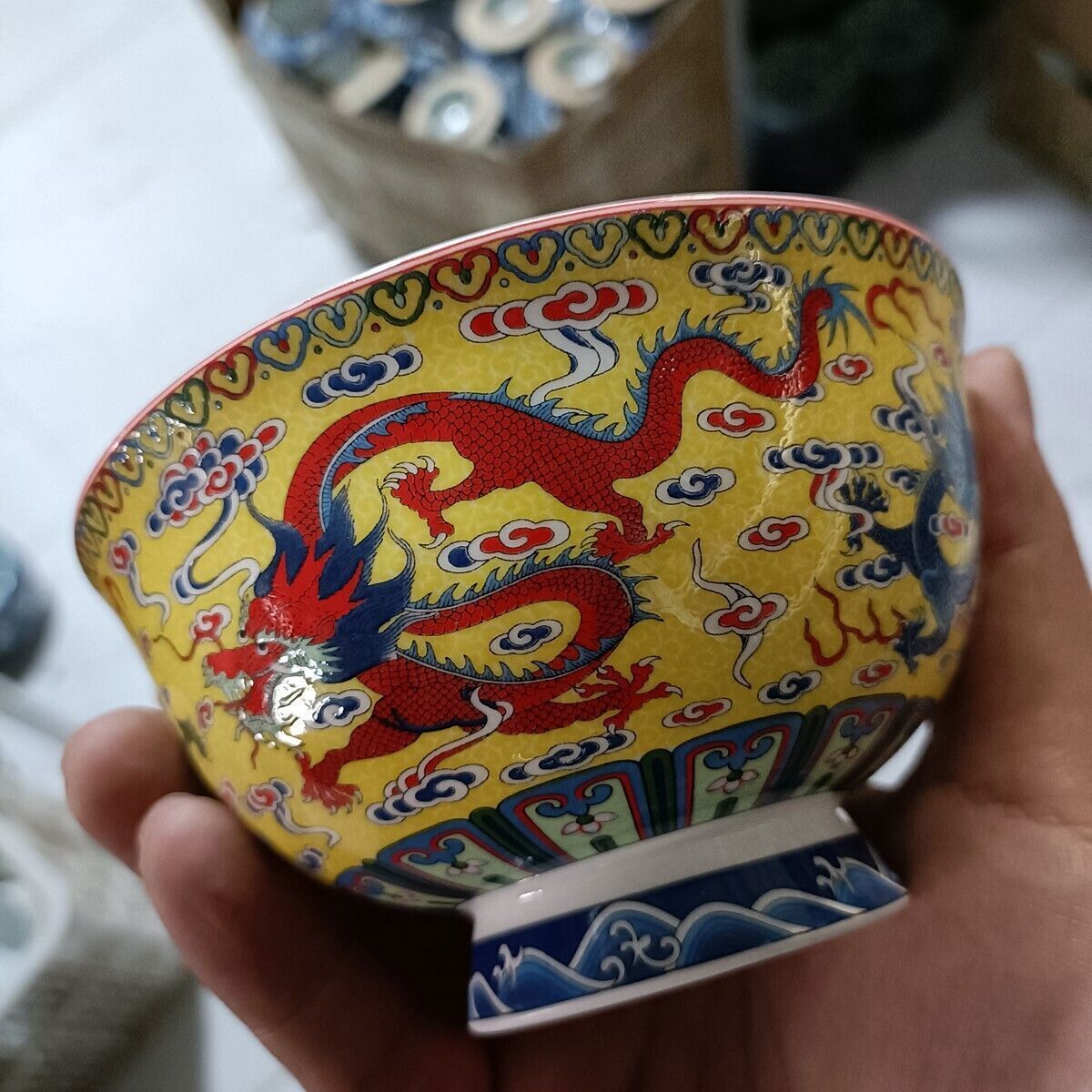 Chinese Qianlong Famille Rose Porcelain Bowls Five Dragon Patterned