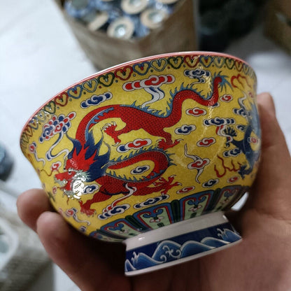 Chinese Qianlong Famille Rose Porcelain Bowls Five Dragon Patterned