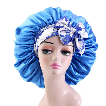 Women Large Double Layer Print Satin Bonnet Adjustable Shower Cap Bonnet Hat