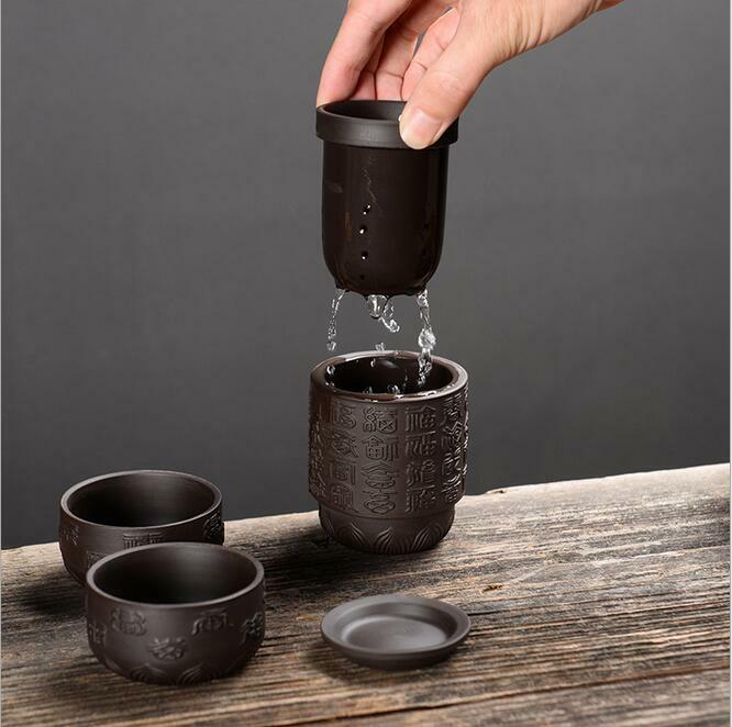 Chinese Purple Clay Portable Tea Pot Kungfu Tea Set Carved Cup Tea Ceremony