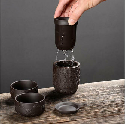 Chinese Purple Clay Portable Tea Pot Kungfu Tea Set Carved Cup Tea Ceremony