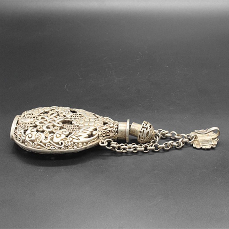 Vintage Chinese Knot Sachet, Silver-Plated Alloy, Antique Pendant
