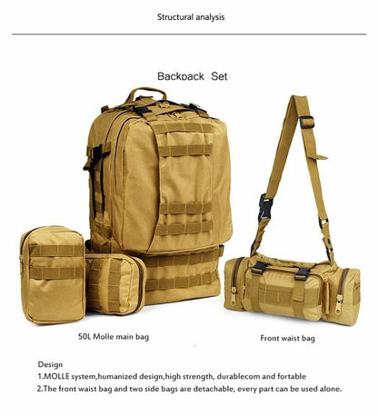 Tactical Backpack 50L Waterproof Bag Hiking Rucksack Outdoor Camping Equipment