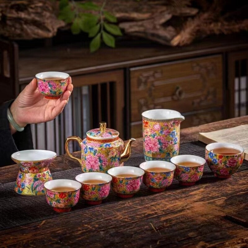 Complete Tea Set Color Enamel Craft Under Glaze Porcelain Tea Pot Matching Cup