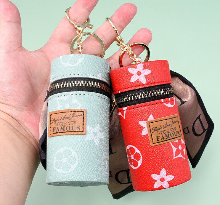Fashionable ladies Leather Printed Keychain Bucket Coin Purse Pendant Gift