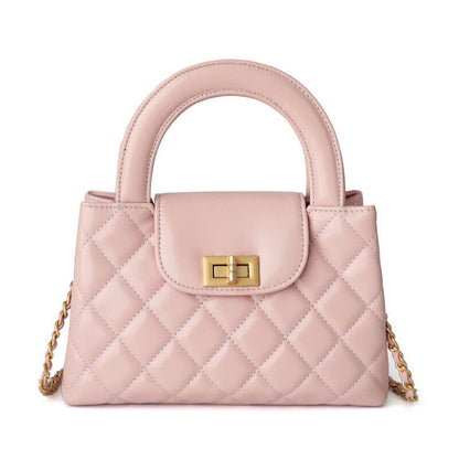 Small Quilted Real Leather Tote Flap Purse Clutch Shoulder Bag w/ Chain Fashion