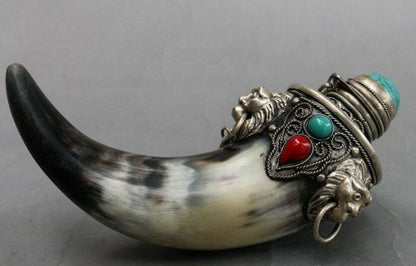 Chinese Old Buffalo Horn Bottle Turquoise White Copper Collection