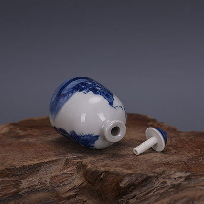 62MM Good China Blue and White Porcelain Ancient Town Hill Water Snuff Bottles 6