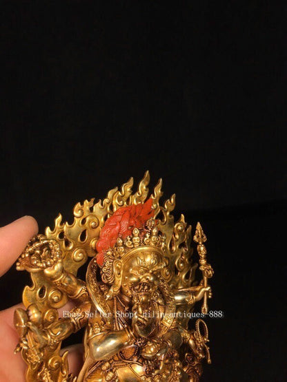4.9" Old Tibet Buddhism Bronze Gilt 6 Arms Mahakala Wrathful Deity Buddha Statue
