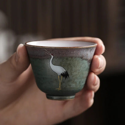 Handmade Crane Tea Cup Stoneware Kiln Roasted Vintage Tea Cup Ceramics Pottery