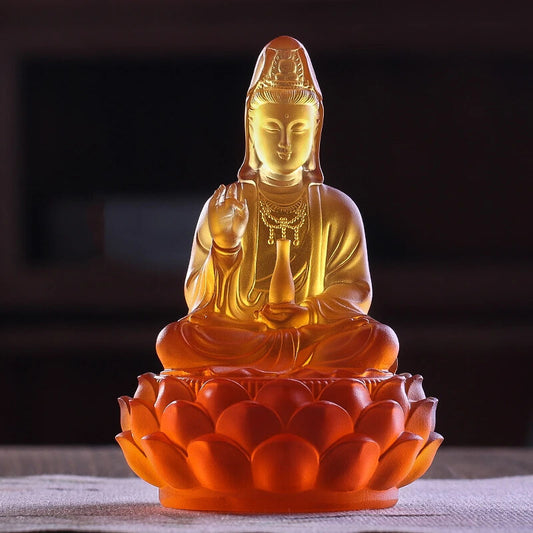 Chinese Time-Honored Methods Coloure Glazed Lotus Guanyin Decor Buddha Statue
