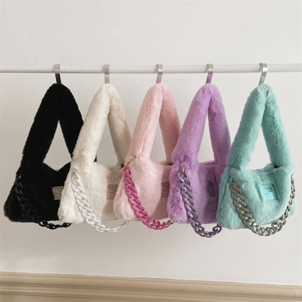 Faux Fur Plush Shoulder Bags Winter Furry Soft Tote Handbags Pink Purple Purse