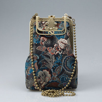 Handmade Vintage Flowers Print Bag Hand Lock Shell Crossbody Bag Shoulder Purse