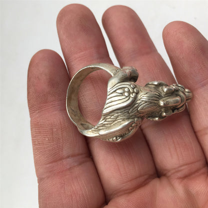 China OLD antique 23mm Tibetan silver handmade 3D dragon Unicorn Kylin ring