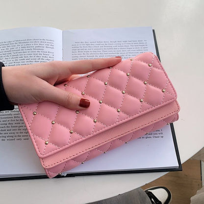 Luxury Long Wallet Quilted Soft Leather Wallets Studded Coin Purse Card Clutch