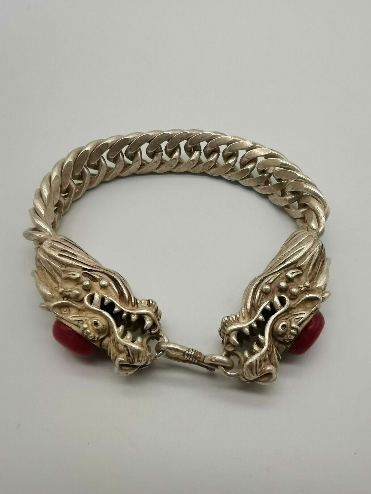 China Old Tibetan Silver Inlaid with red jade Dragon Bracelet