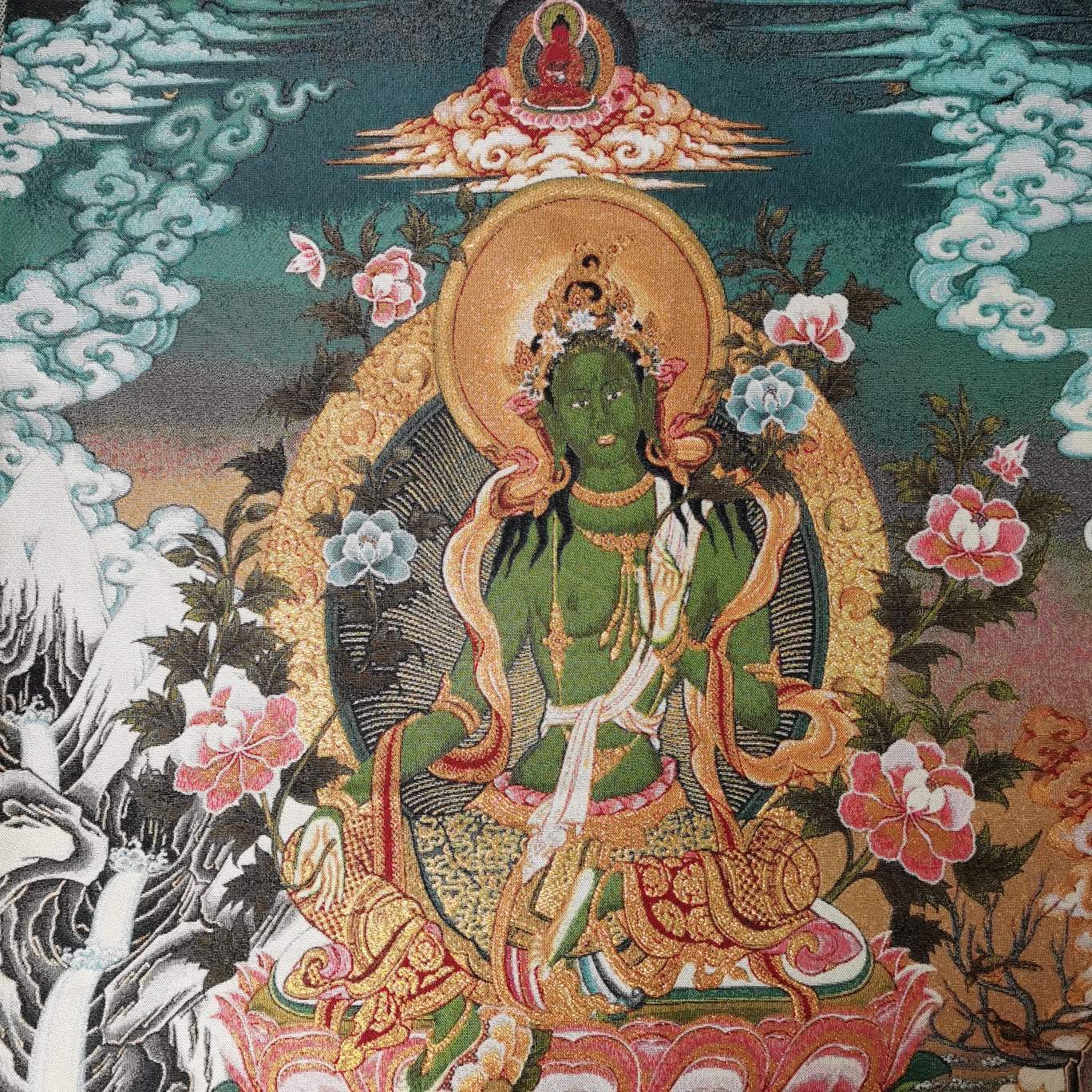 36" Tibet Tibetan Cloth Silk Buddhism Green Tara Guanyin Tangka Thangka Mural 03
