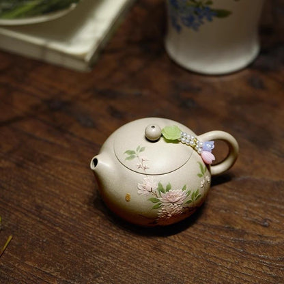 Full Handmade Tea Pot Marked Xishi Pot Peony Relief Carved Real Yixing Zisha New
